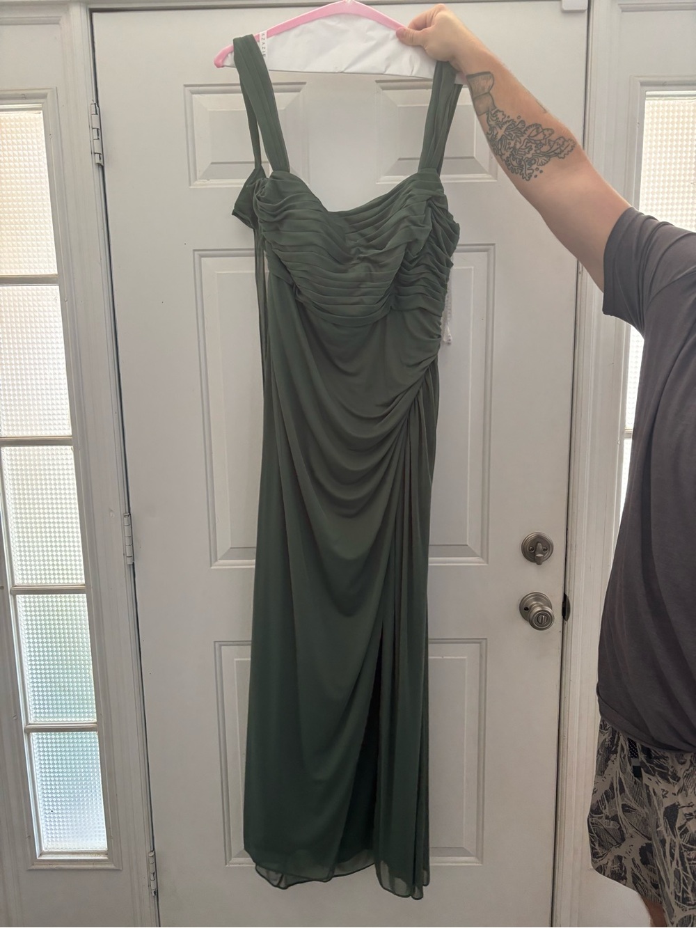 Azazie Eucalyptus Green Ruched Mesh Maxi Dress
